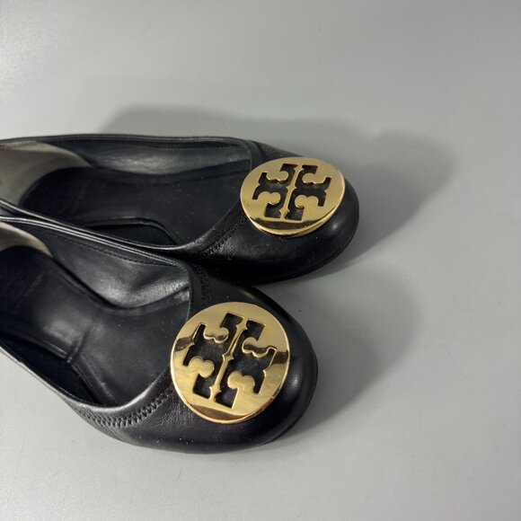 TORY BURCH Reva Ballerina Ballet Flats - Black Leather Gold Logo - Size 6 M - Picture 11 of 14